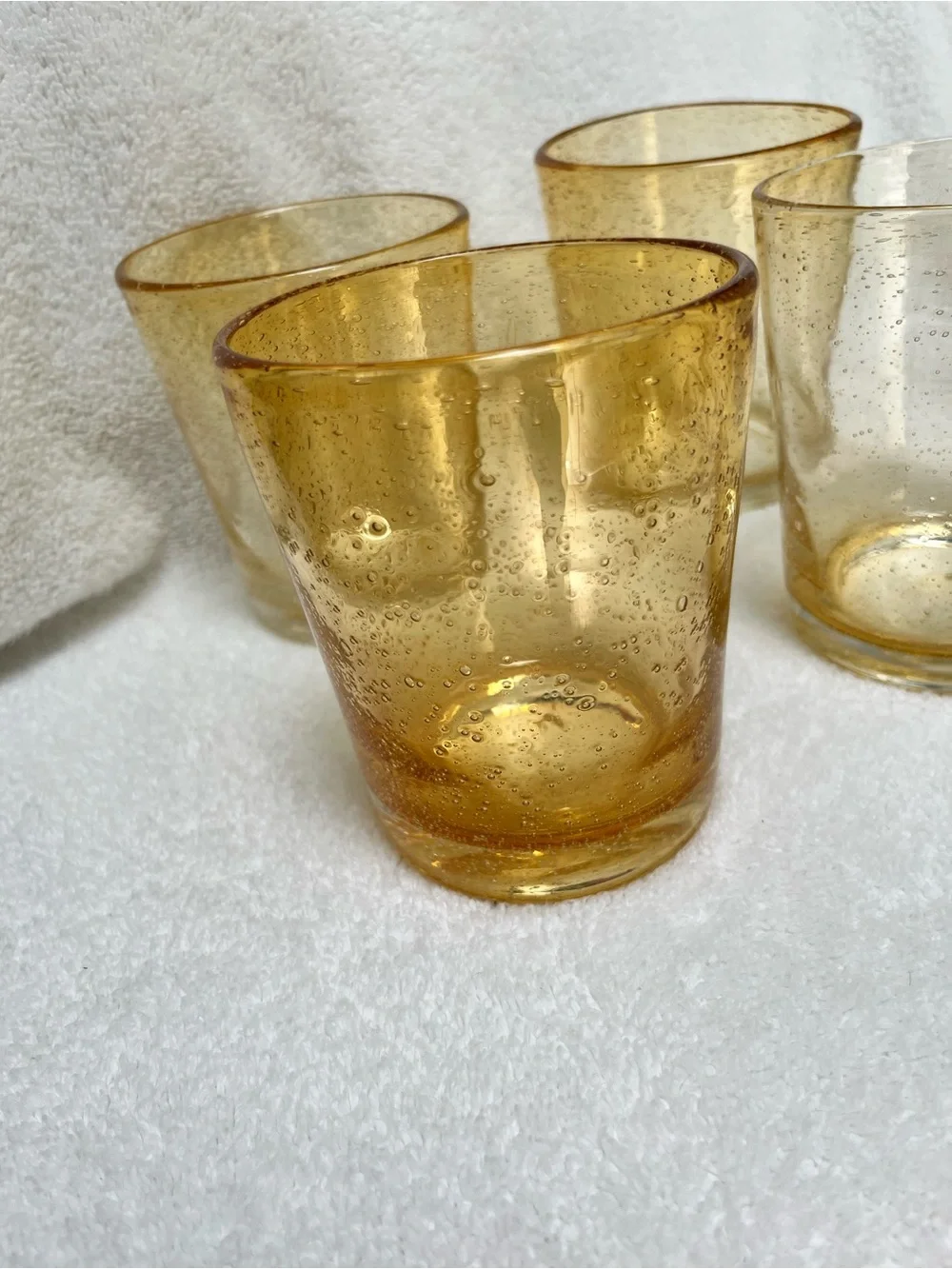 Mexican Amber Bubble Glass Set 4 Hand Blown Height 4 1/2” Holds 12 Ounces EUC